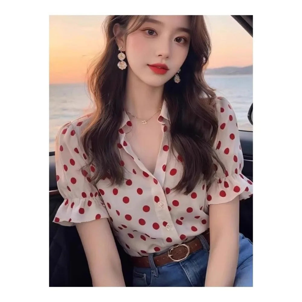 Ladies Fashion Loose Simplicity Elegant Trend Vintage Women's Shirt Buttons Polka Dot Flare Sleeve Temperament Short Sleeve Top