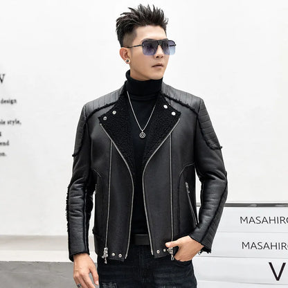 YOLANFAIRY New Luxury Winter Natural Wool Fur Coat Man Short Warm Men's Motorcycle Genuine Leather Jacket Real Sheepskin Coats