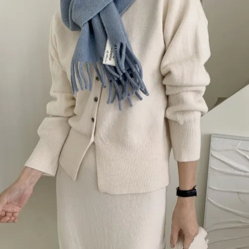 Autumn Winter V-Neck Single Button Knitted Cardigan Women's High Waist Wrap Body Skirt Korean Style Fashion Set High Quality