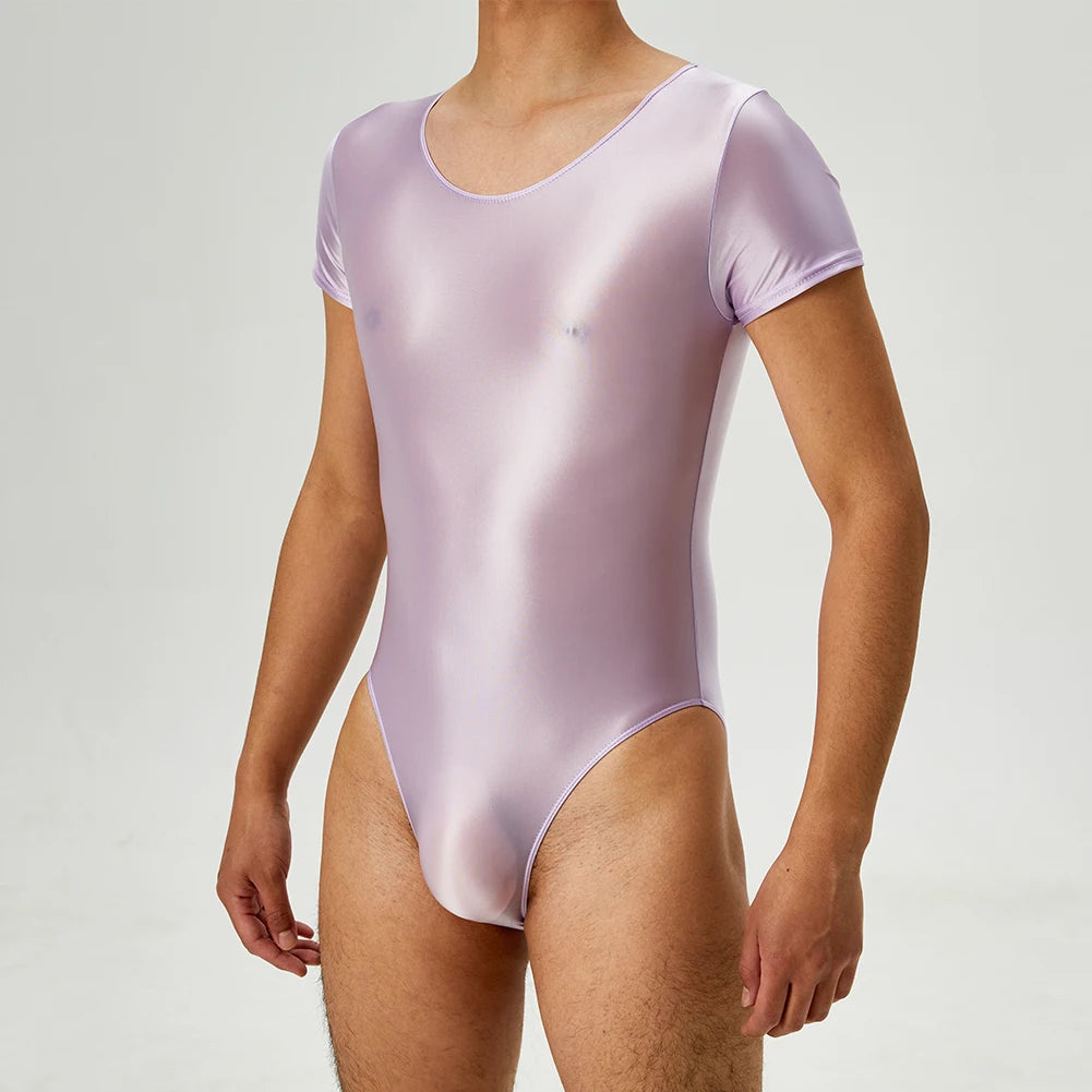 Men's Bodysuit Short Sleeve Oil Shiny High Cut Shapers Leotard Elastic Man Women Sexy Lingerie Jumpsuit Underwear