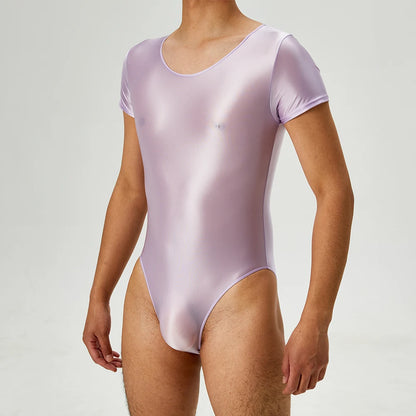 Men's Bodysuit Short Sleeve Oil Shiny High Cut Shapers Leotard Elastic Man Women Sexy Lingerie Jumpsuit Underwear
