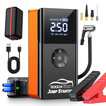 8000amp A 180psi Powerful Car Jumper Multifunction 12v Battery Booster Super Compressor Power Bank Jump Starter With Air Pump