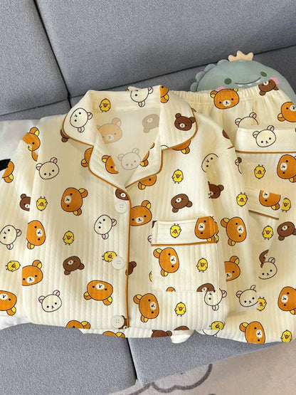 Thickened Air Cotton Sleepwear Set for Women Lazy Bear Cartoon Design Long Sleeve Long Pants Home Clothes Autumn Winter