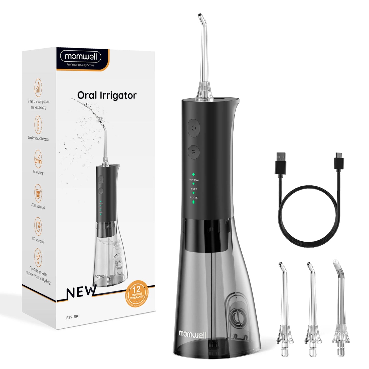 Mornwell F29 Water Flosser 3 Mode Water Jet With 3 Nozzles for Teeth Rechargeable Portable 180ML Water Tank Teeth Cleaner