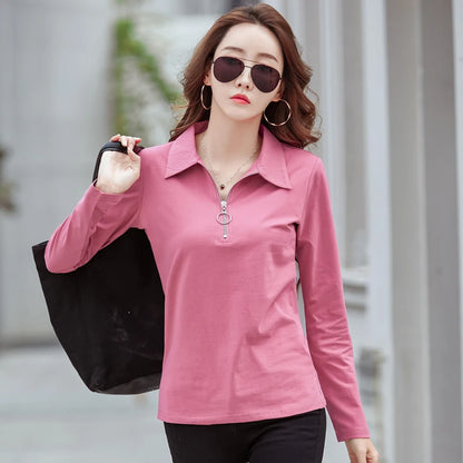 Korean Style cotton polo shirts women fashion long sleeve candy color zipper turn down neck polo t shirt for women 2025