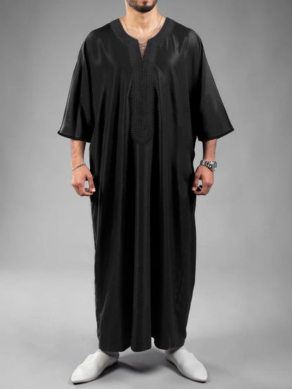 2026 New Model Men's Clothing With Embroidered Mid-sleeves And Side Pockets Robe Abaya Ramadan Dubai Luxury Islam Elegant