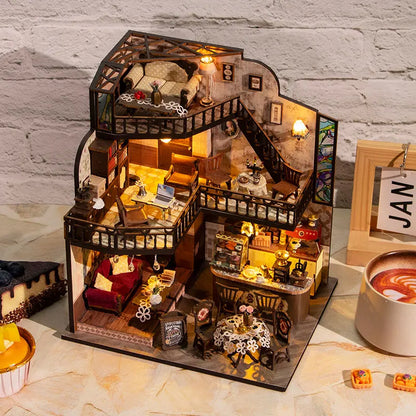 DIY Miniature Dollhouse Kit Vintage Coffee Shop with LED Light Included 3D Wooden Puzzle  Set of Furniture Creative Craft Gifts