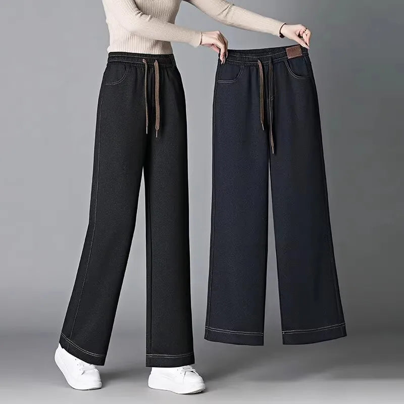 Women's Fleece Lined Wide Leg Pants High Waist Elastic Casual Mom Straight Leg Jeans Style Autumn Winter Fashion Loose Fit