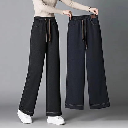 Women's Fleece Lined Wide Leg Pants High Waist Elastic Casual Mom Straight Leg Jeans Style Autumn Winter Fashion Loose Fit