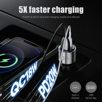 LENCENT Bluetooth 5.3 FM Transmitter Full Metal Bluetooth Car Adapter with PD 20W & QC3.0 Fast Charger Hi-Fi Music Adapter