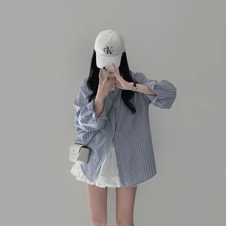 Early Autumn Versatile Loose Striped Long Sleeve Shirt Top Women's Fashion Comfortable Fit Striped Patterned Casual Shirt