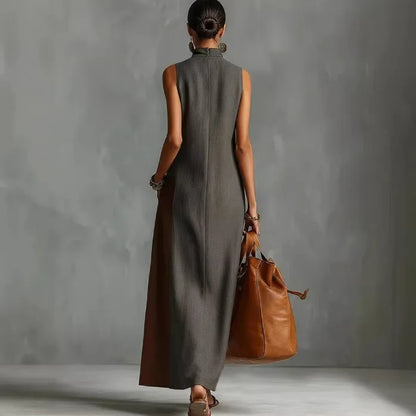 Bohemian Women's Long Dress Summer Color Block Beach Tank Dress Loose Casual High Neck Cutout Maxi Dresses Streetwear Colthing