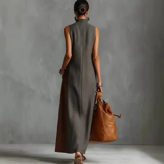 Bohemian Women's Long Dress Summer Color Block Beach Tank Dress Loose Casual High Neck Cutout Maxi Dresses Streetwear Colthing