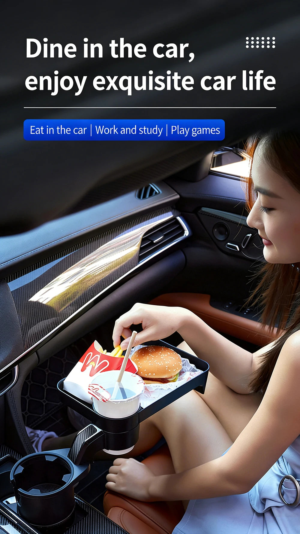 Car Cup Holder Expander Multi-Function Drink Holder with Food Table 360-Degree Adjustable Base Tray for Snack