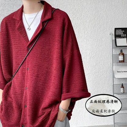 Ice Silk Shirt Men's High Quality Summer Fashion Brand ins 5-sleeve shirt loose casual masculina camisas hombre