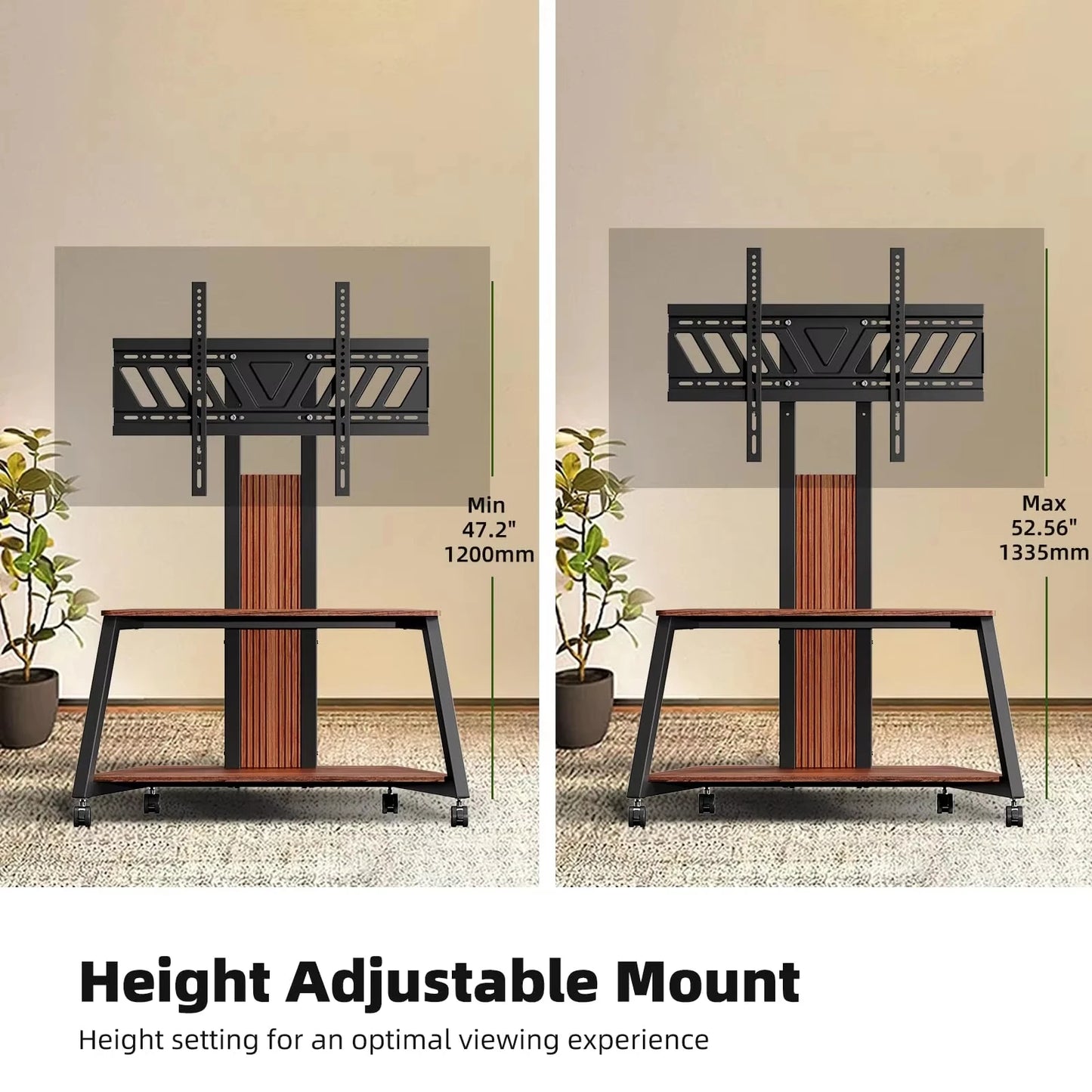 Heavy Duty Mobile TV Stand TV Cart 40-80 Inch, Portable TV Floor Stand with Wooden Shelves, Height Adjustable Holds up to 220lbs