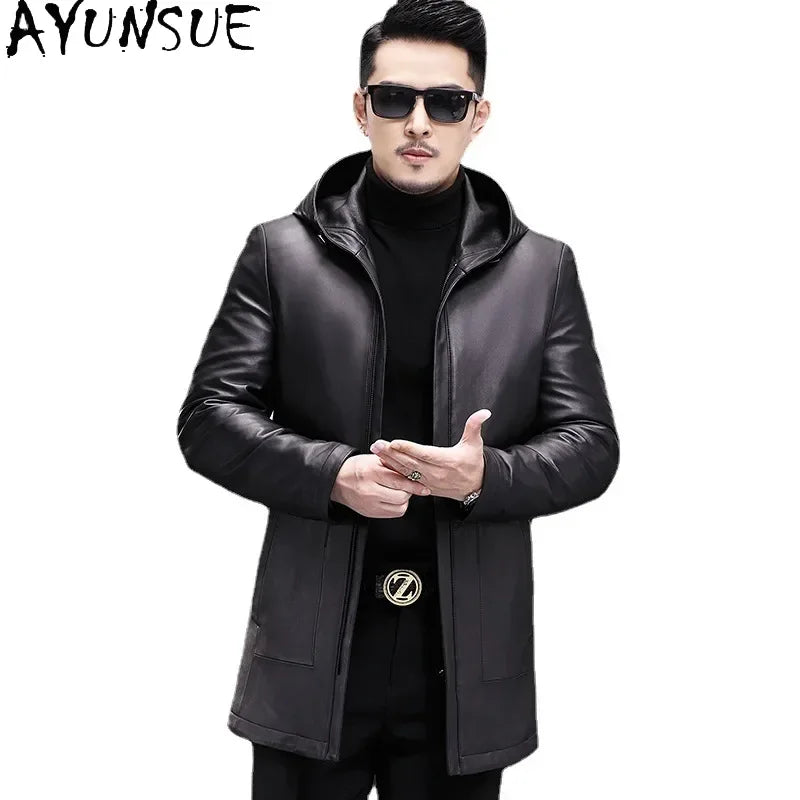 AYUNSUE Winter Jacket Men's Genuine Leather Coats Men Hooded Midi-length Windbreaker Trench Coat Male Real Leather Down Jacket