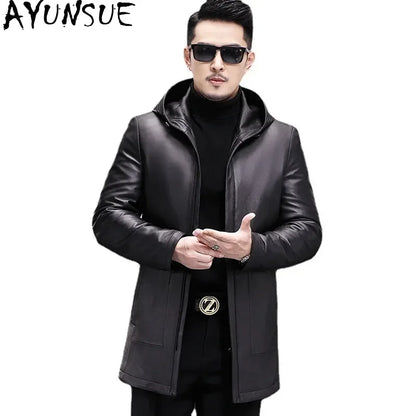 AYUNSUE Winter Jacket Men's Genuine Leather Coats Men Hooded Midi-length Windbreaker Trench Coat Male Real Leather Down Jacket