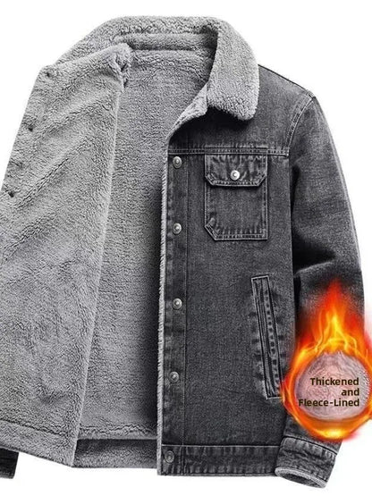 Men's Fleece Lined Thickened Denim Jacket Winter Casual Lapel Workwear Wear Resistant Leisure Coat Sheepskin Fur Vestibule