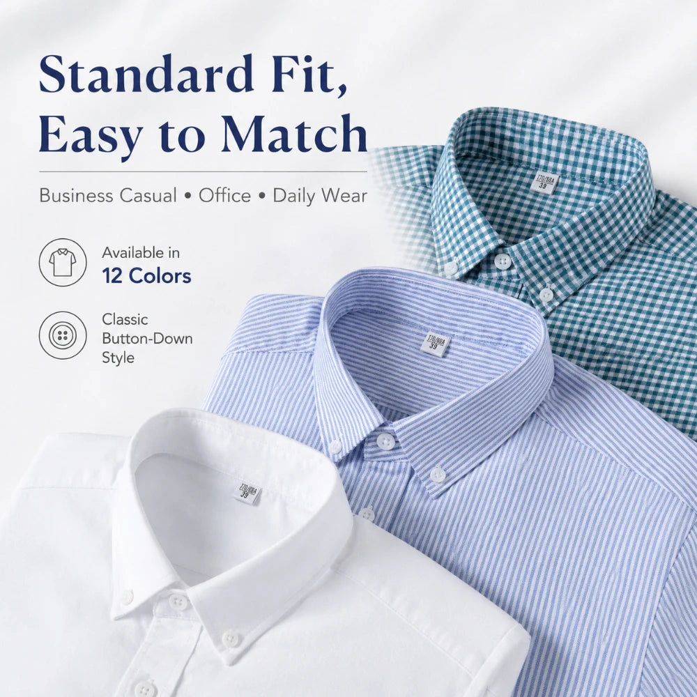Men Cotton Oxford Shirt Long Sleeve Button Down Casual Business Shirt Pre-Shrunk Enzyme Washed Breathable Wrinkle Resistant