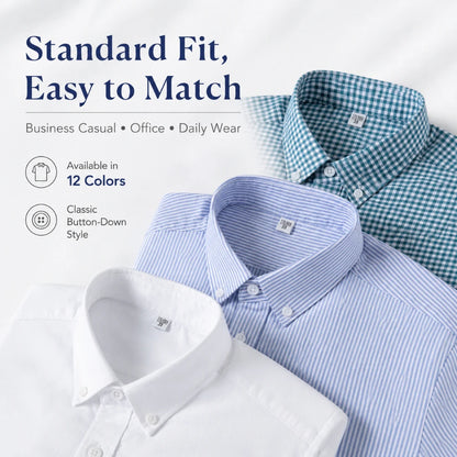 Men Cotton Oxford Shirt Long Sleeve Button Down Casual Business Shirt Pre-Shrunk Enzyme Washed Breathable Wrinkle Resistant