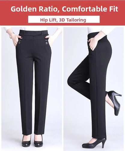 High Waist Fleece Lined Slimming Pants for Middle-Aged And Elderly Women Casual Long Pants Straight Leg Elastic Ankle Pants