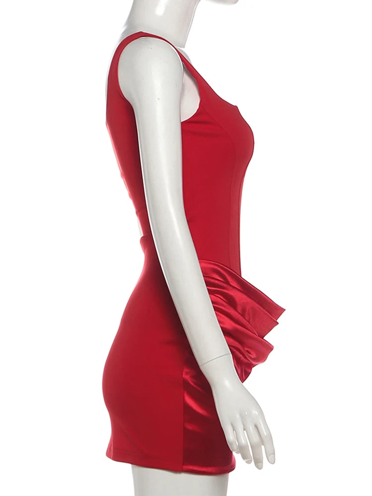 Nibber Peach Hip Dress Women Elegant Christmas Low Chest Sleeveless Ruched Patchwork Birthday Party Dating Chic Skinny Clubwear