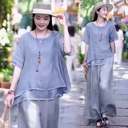 Retro Cotton Linen Set Women's Summer 2026 New Ethnic Style Loose Slimming Belly Covering Two-Piece Set Fashionable Casual Wear
