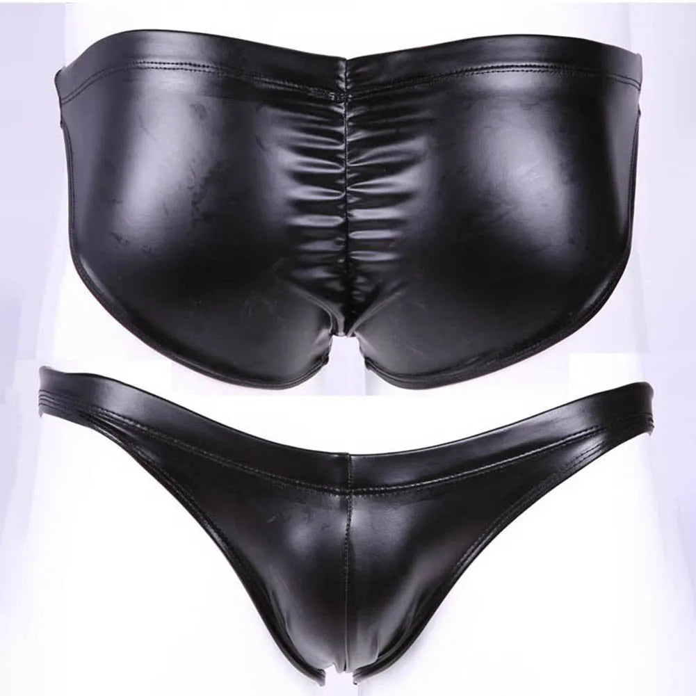 Underpants Men Swimming Briefs Faux Leather M-3XL Size Glossy Low Rise U Pouch Water Proof Swim Shorts Trunks