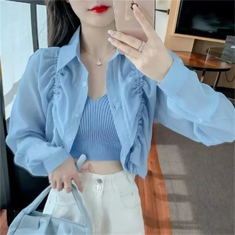 Women Blouse Drawstring Sunscreen Short Tops Long Sleeve Shirts Lightweight Outerwear Spring Summer Jacket Trend Buttons Shirts