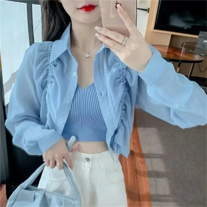 Women Blouse Drawstring Sunscreen Short Tops Long Sleeve Shirts Lightweight Outerwear Spring Summer Jacket Trend Buttons Shirts