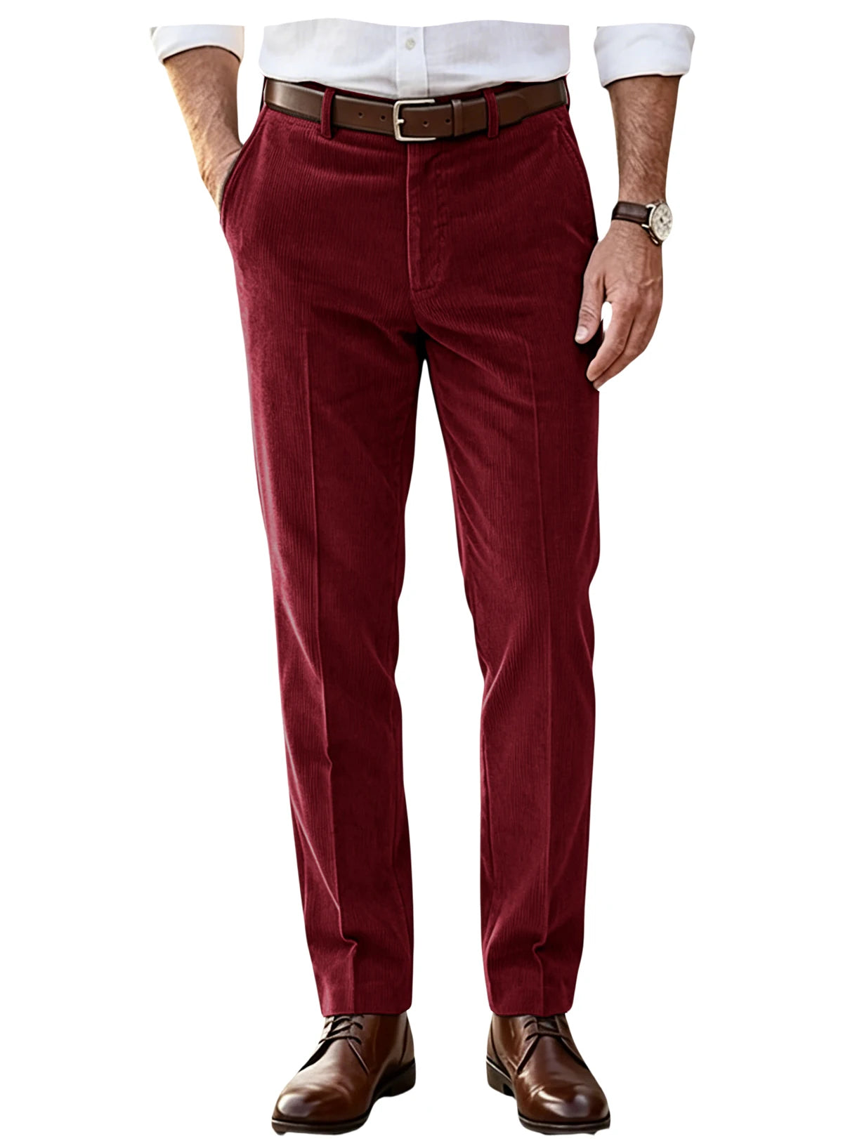 Men's Khaki Corduroy Pants Straight Leg Classic Fit Elastic Waist Comfort Wrinkle Resistant Formal Trousers For Business Office