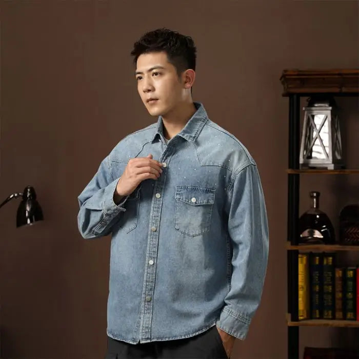 Fashion Lapel Jeans Jacket Multi Pockets Coat Men’s Vintage  Workwear Denim Shirts High Quality Spring Clothes for Male Causal