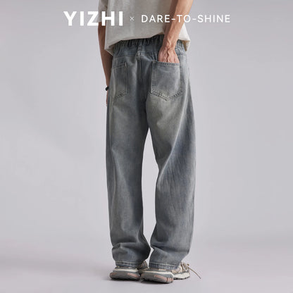 Men's Korean Style Draped Wide Leg Jeans 2026 Summer Elastic Waist Loose Curved Pants Streetwear Commuter Casual Long Trousers