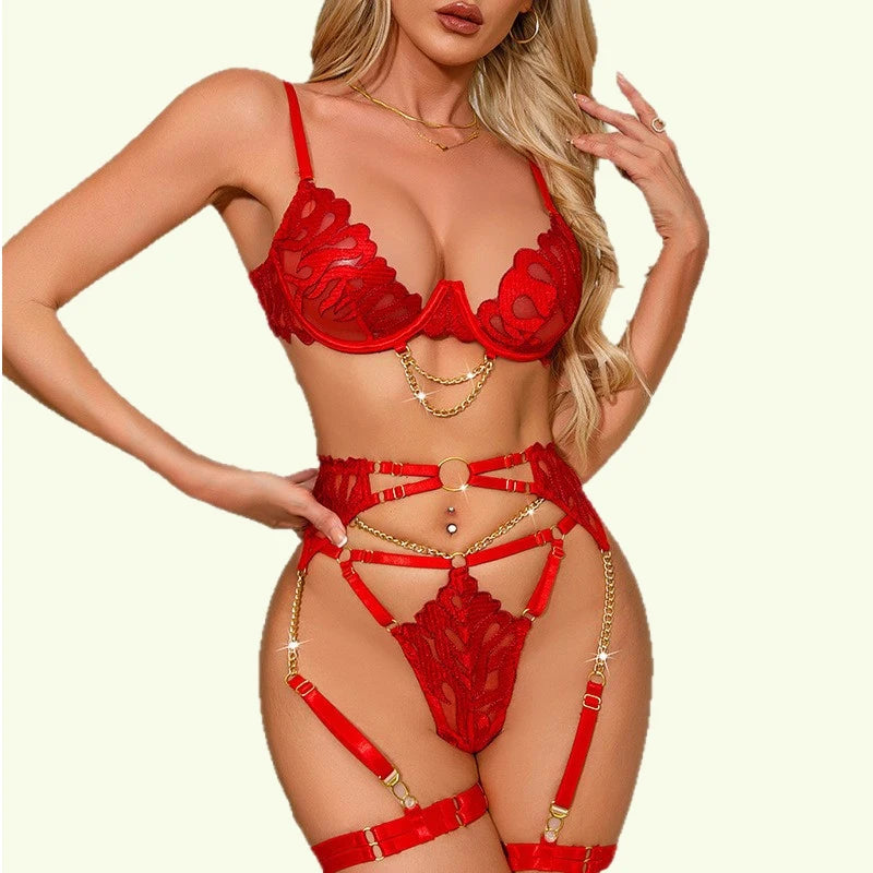 Tornova Lingerie Sexy Porn Underwear for Women Body Transparent Bra Metal Chain Lace Exotic 4-Piece Hollow Out Slim Set Bra New