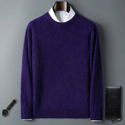 100% Pure Mink Cashmere Men's Round Neck Sweater For Autumn Winter, Casual Knitted Long Sleeved Pullover Sweater Men's Clothng