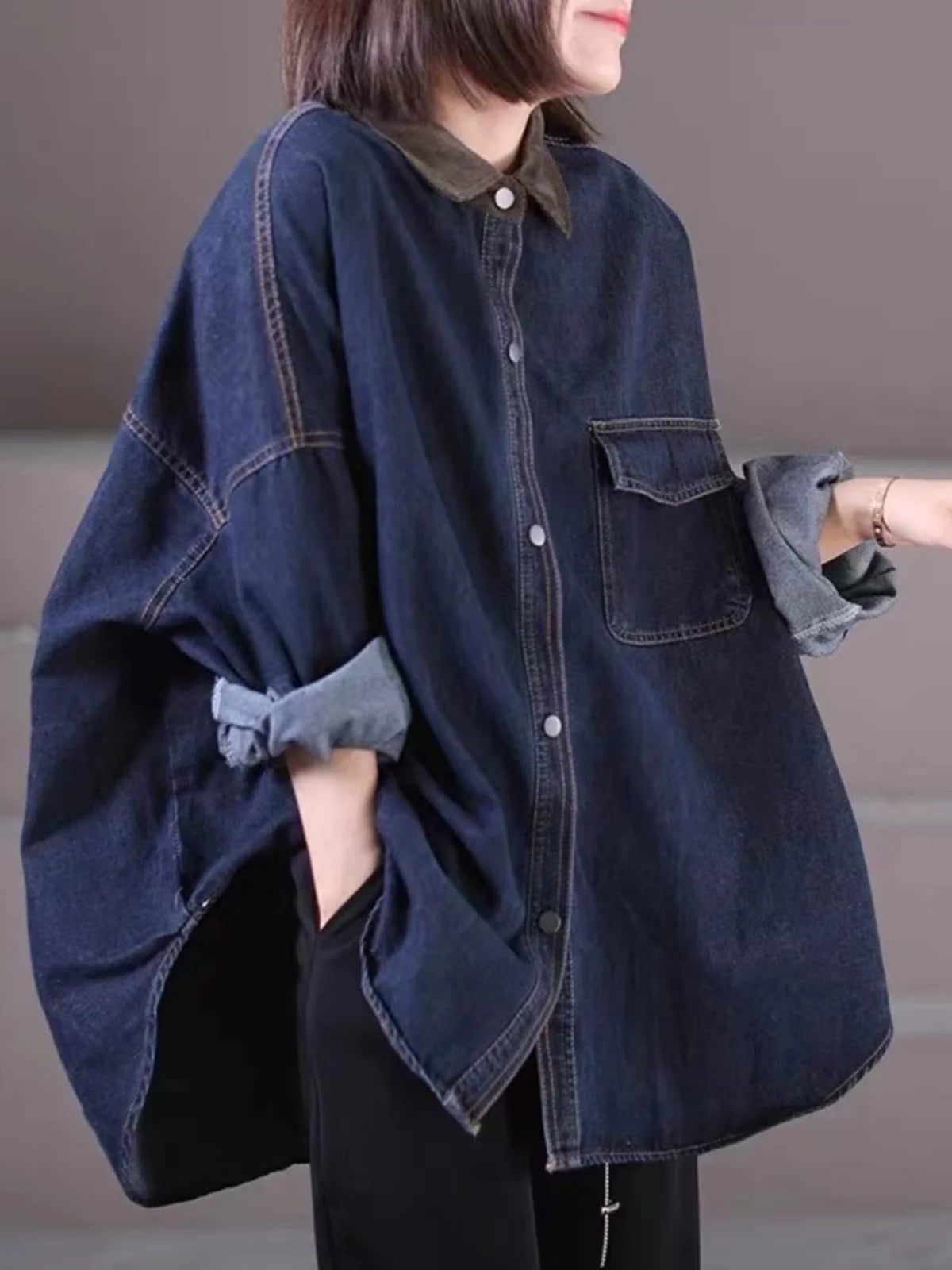 Loose Fit Women's Korean Style Corduroy Denim Shirt Jacket  Collar Splicing Oversize Outerwear Commute Fashion