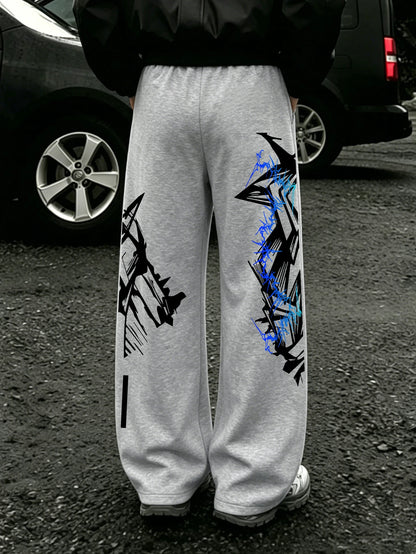 Y2K Abstract Blue Graffiti Geometric Print Mens Baggy Wide Leg Sweat Pants Loose Straight Drawstring Hip Hop Street Joggers