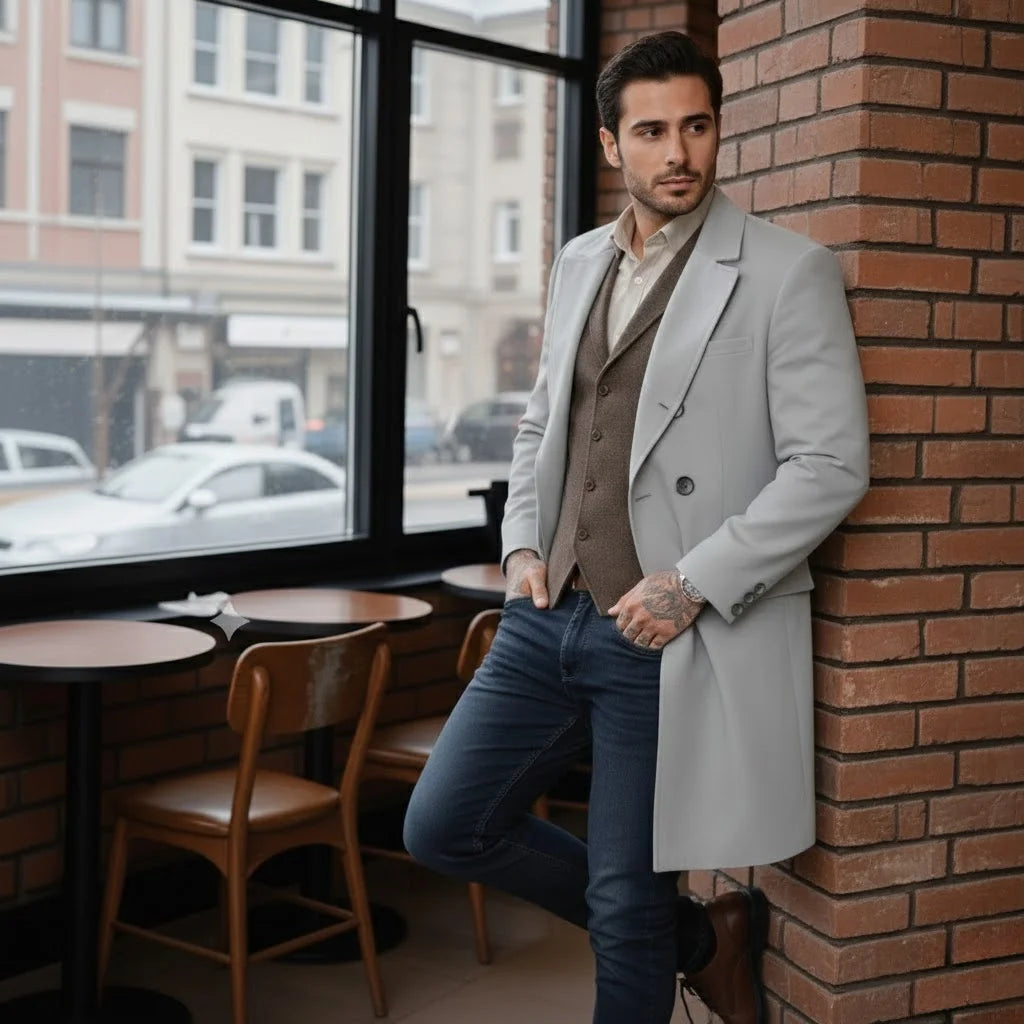 Men's Premium Mid-Length Double Breasted Woolen Coat Heavyweight Thickened Warm Lined Jacket for Winter