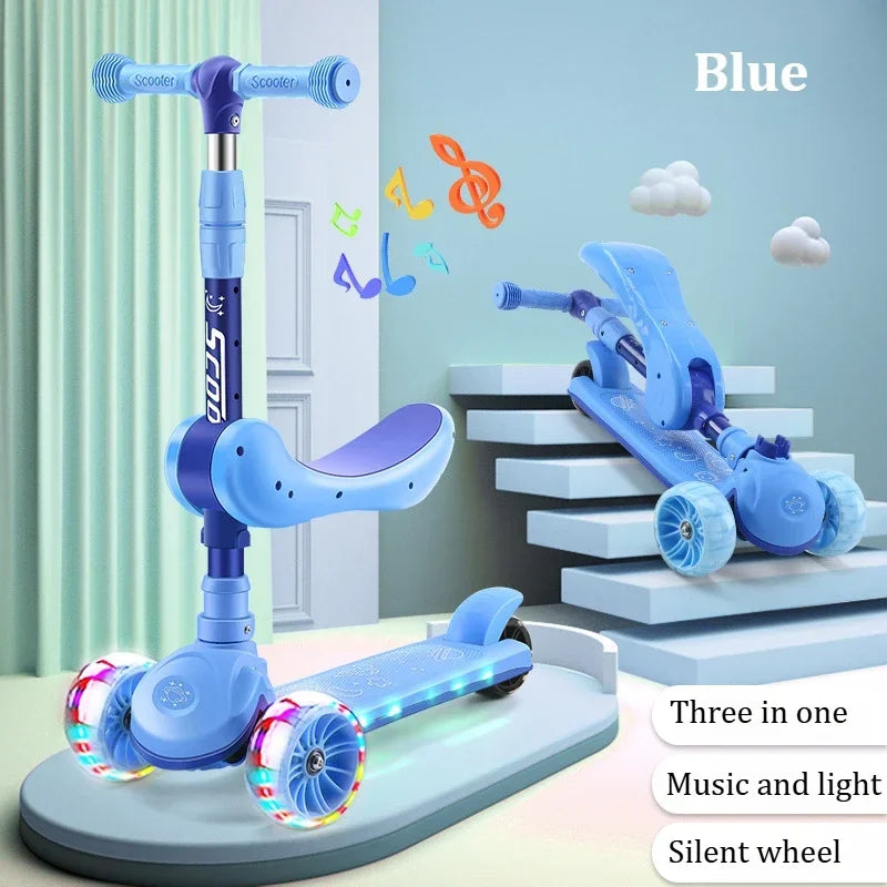 2-in-1 Kids Kick Scooter with LED Lighted Wheels Adjustable Height Wide Deck 3 Wheel Scooter Sit/Stand Child Toddler Outdoor Toy