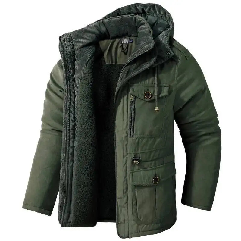 2025 Winter Men's American Fashion Versatile Hooded Cotton Jacket Thickened Multi Pocket Casual Simple Medium Length Top Coats