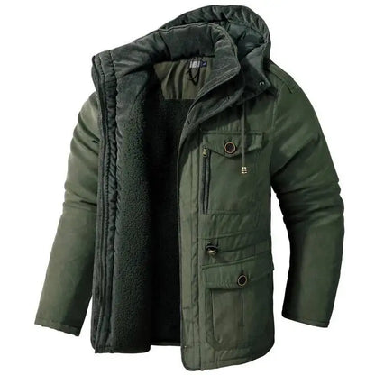 2025 Winter Men's American Fashion Versatile Hooded Cotton Jacket Thickened Multi Pocket Casual Simple Medium Length Top Coats