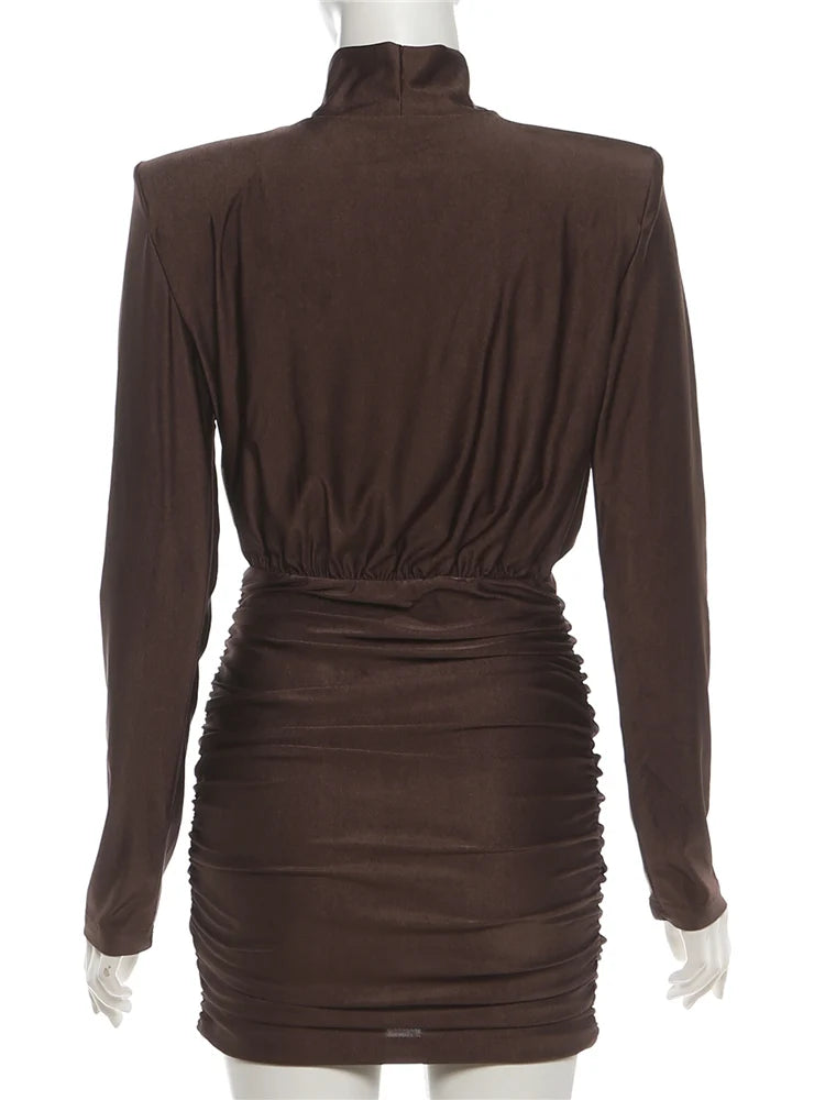 Sisterlinda Elegant Shoulder Padded Dress Women Turtleneck Ruched Sexy Classic Office Commute Simple Peach Hip Slim Mini Bodycon