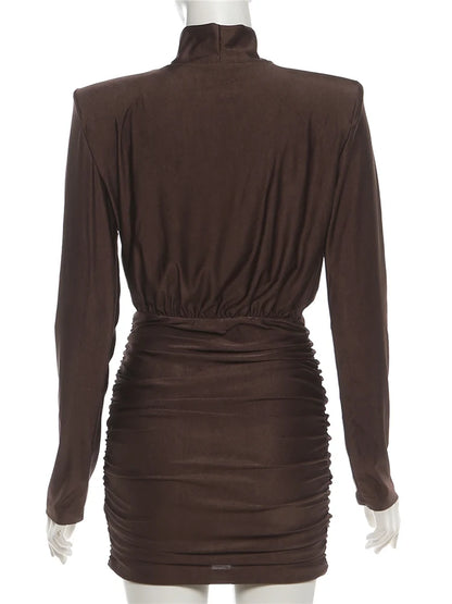 Sisterlinda Elegant Shoulder Padded Dress Women Turtleneck Ruched Sexy Classic Office Commute Simple Peach Hip Slim Mini Bodycon