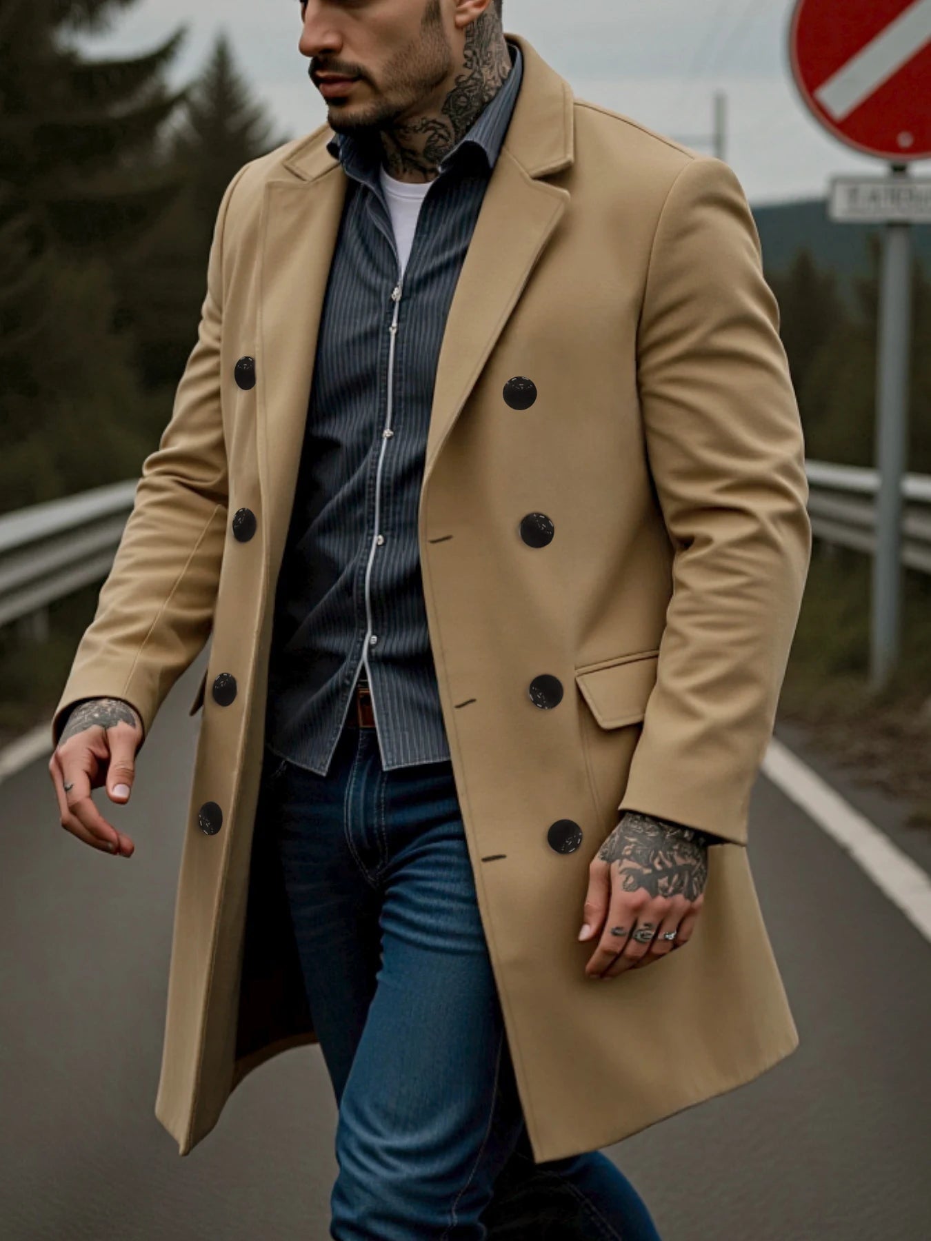 Men's Double-Breasted Solid Woolen Coat Thickened Warm Winter Wool&blends Trench Streetwear Outdoor Ideal Choice Male Jacket