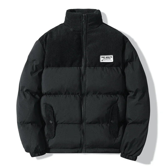 Corduroy Patchwork Embroidered Cotton Padded Jacket Men Winter Thicken Vintage Overcoat Tops Warm Parkas Stand Collar Loose Coat