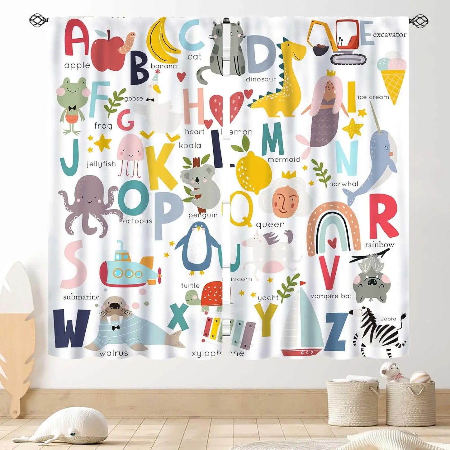 ABC Alphabet Classroom Curtains,Kids Cartoon Animal Educational Learning Cute Colorful Back to School Decorations Window Drapery