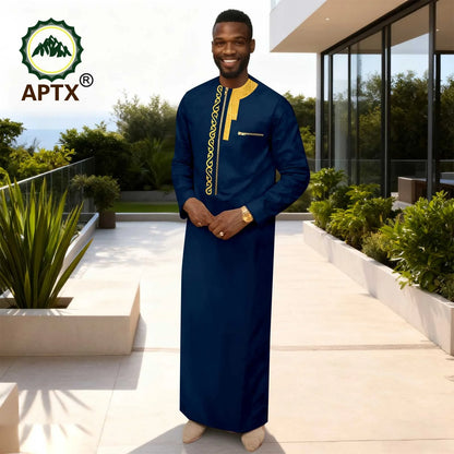 APTX Men's Traditional Muslim Robe 3-Pcs Set Long Sleeves African Dress Middle East Jubba Thobe Wedding Suit