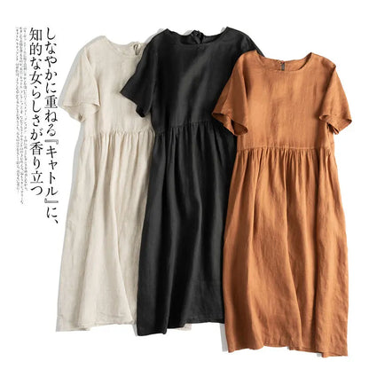 Summer Cotton Linen Women Dresses Vintage Short Sleeve Casual Loose Back Bandage Harajuku Party Club Dress With Pockets