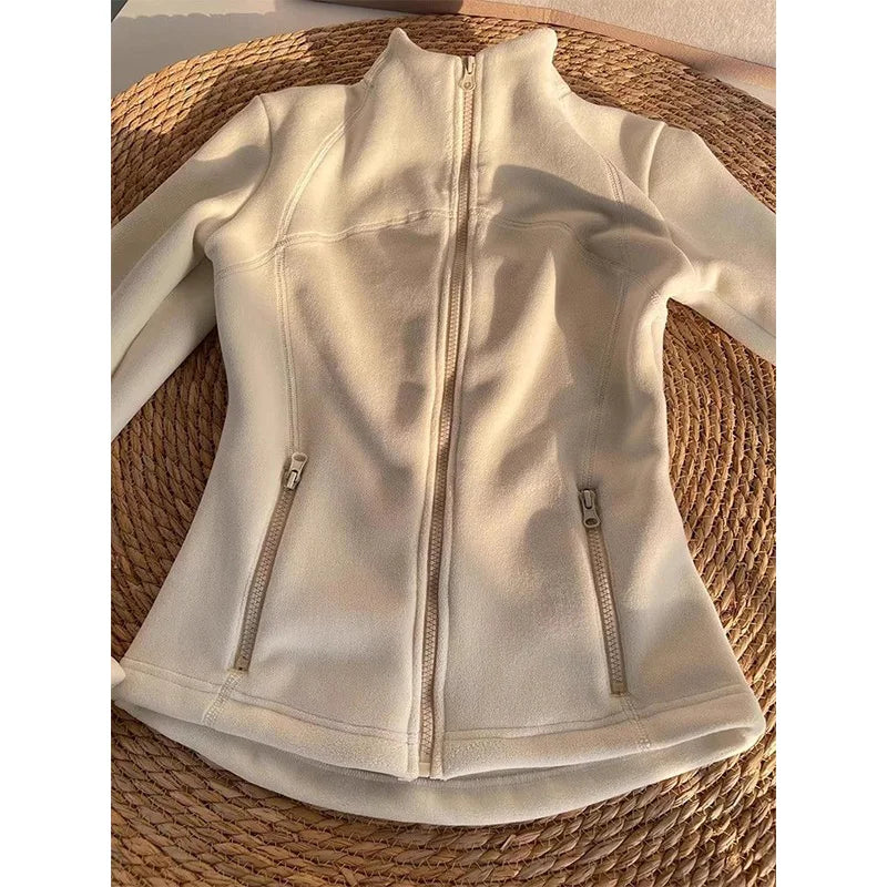 Women's Slim Fit Fleece Lined Short Cardigan Sweater Stand Collar Thickened Waist Shaping Autumn Winter Fashion Outerwear